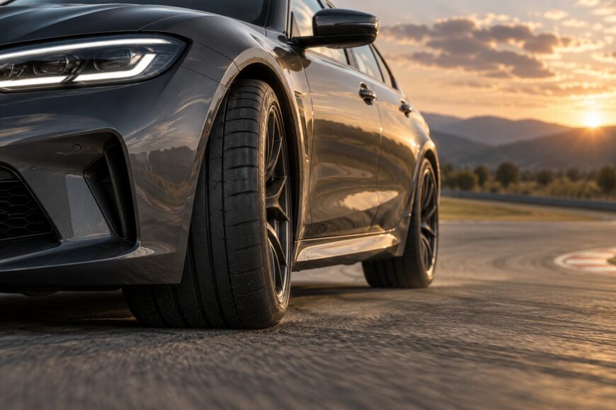 Close-up of a dark car front tire and alloy wheel driving on an asphalt track at sunset