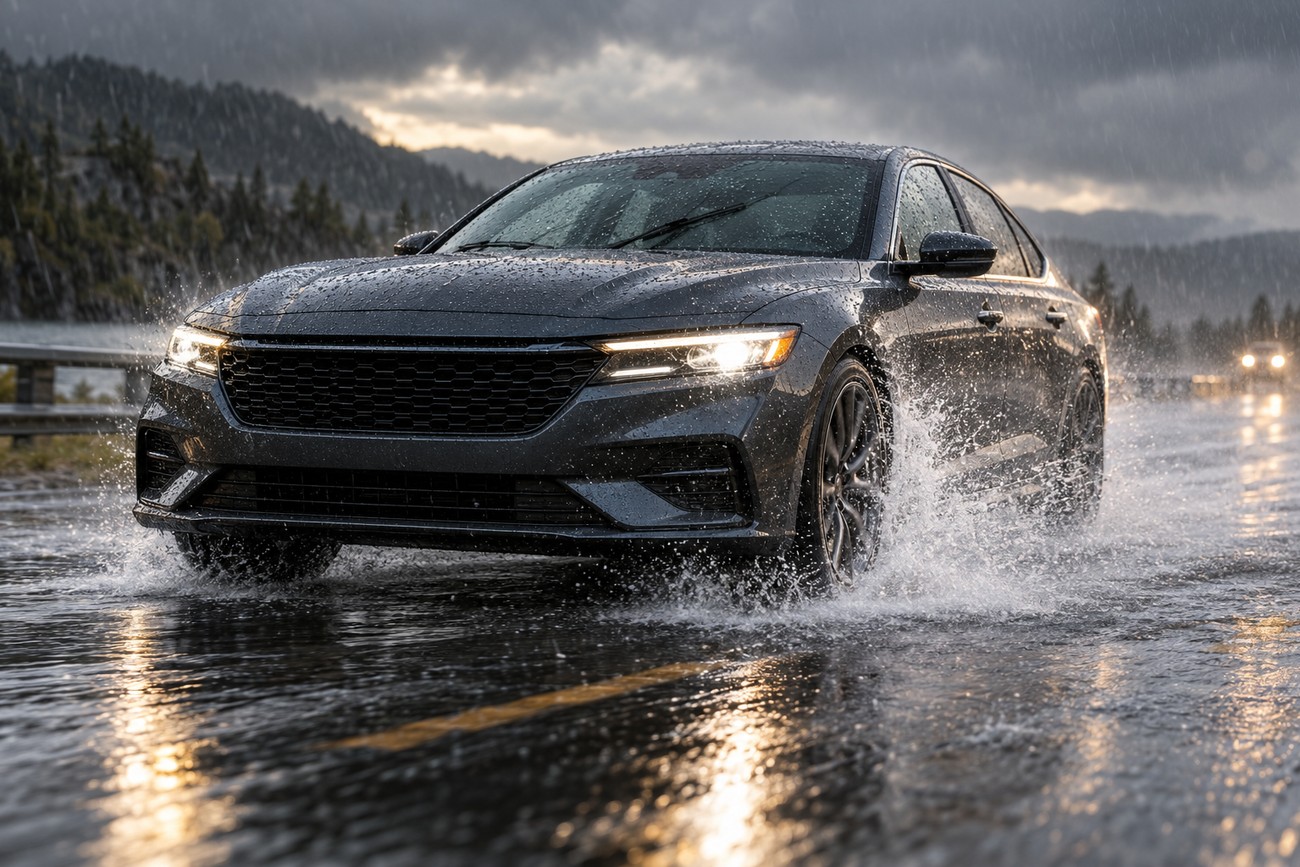 A modern dark car driving on a wet asphalt road during a heavy rainstorm with water splashing from the tires