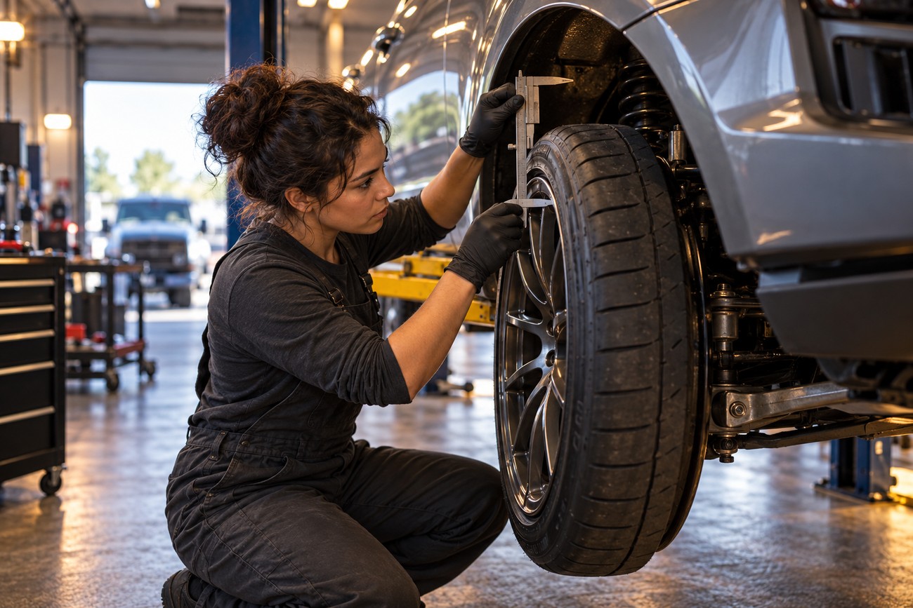 Female mechanic in dark overalls measuring the width of a car tire with a caliper in a garage