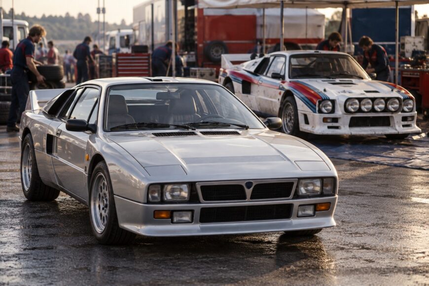 A silver Lancia 037 Stradale parked in the foreground with a rally version and mechanics in a service area