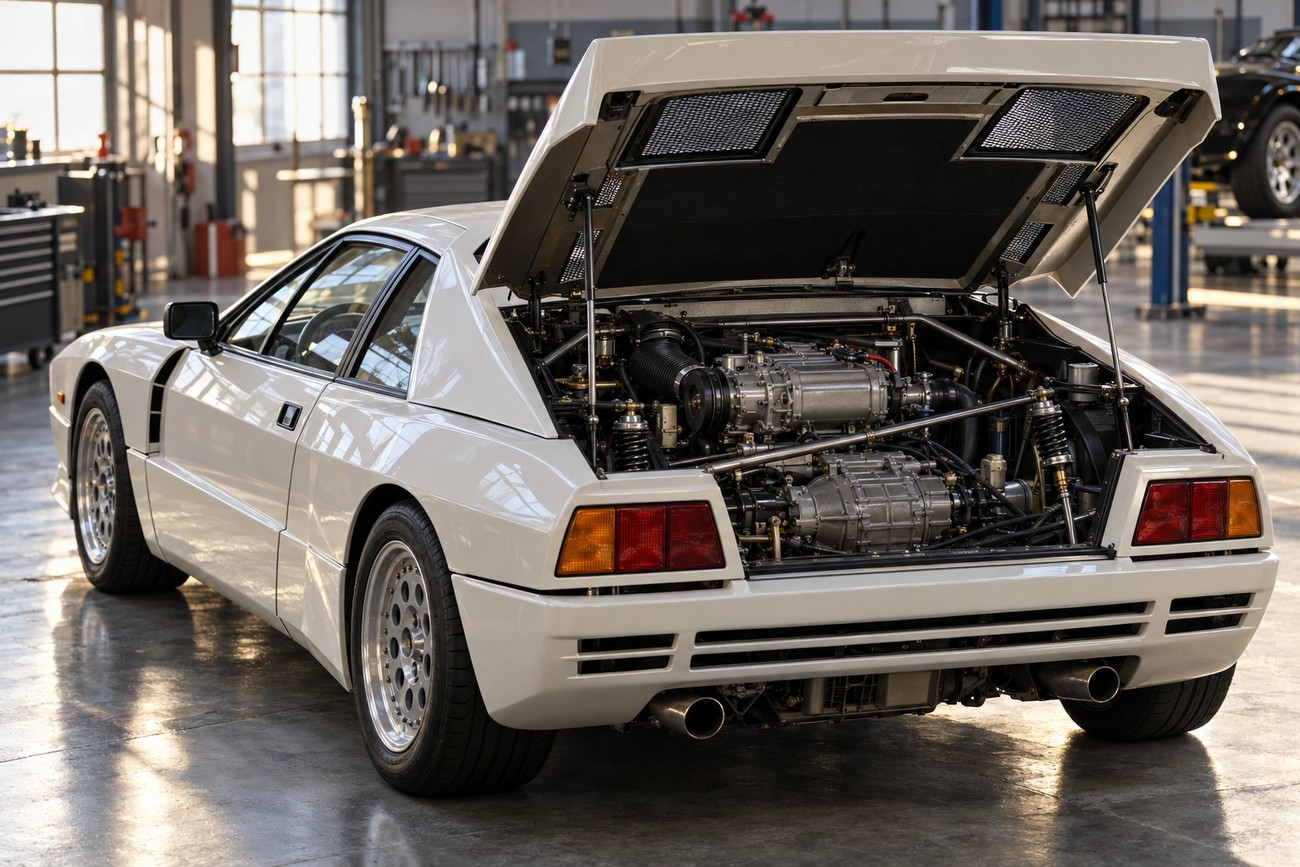 Rear view of a white Lancia 037 Stradale with the engine hood open in a workshop