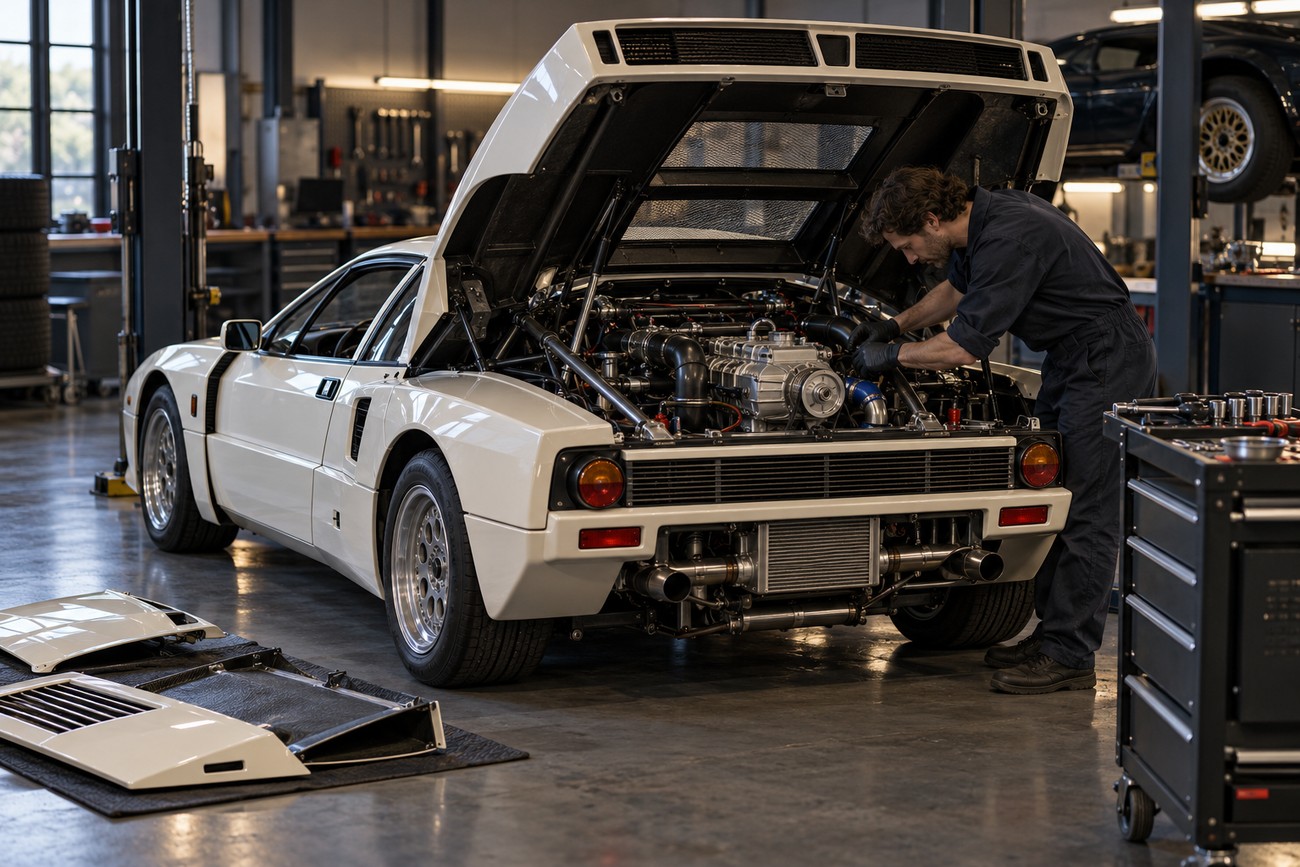 A mechanic in overalls inspecting the open engine bay of a white Lancia 037 Stradale inside a garage
