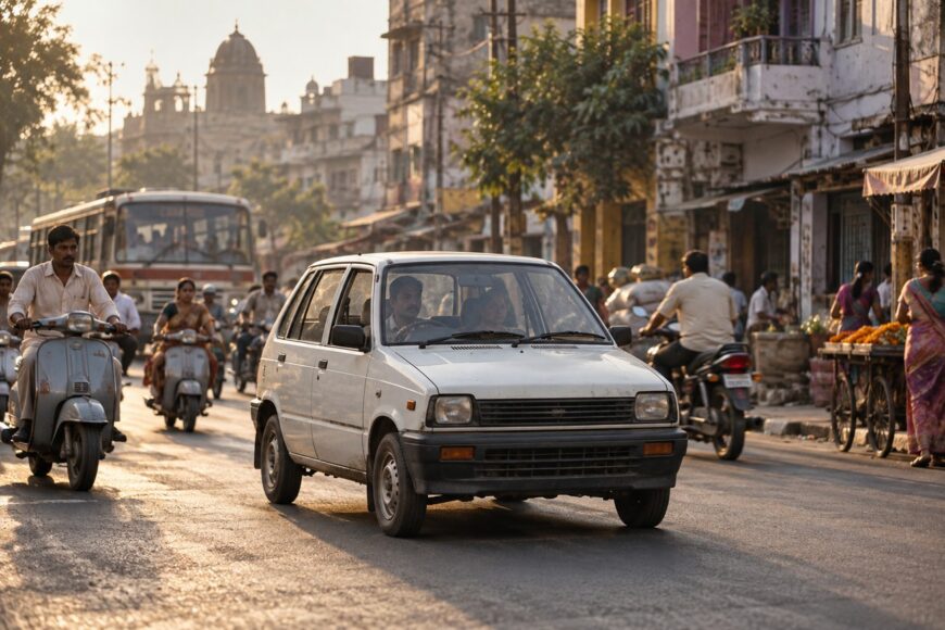 A white Maruti 800 car driving on a bustling Indian street filled with scooters and pedestrians