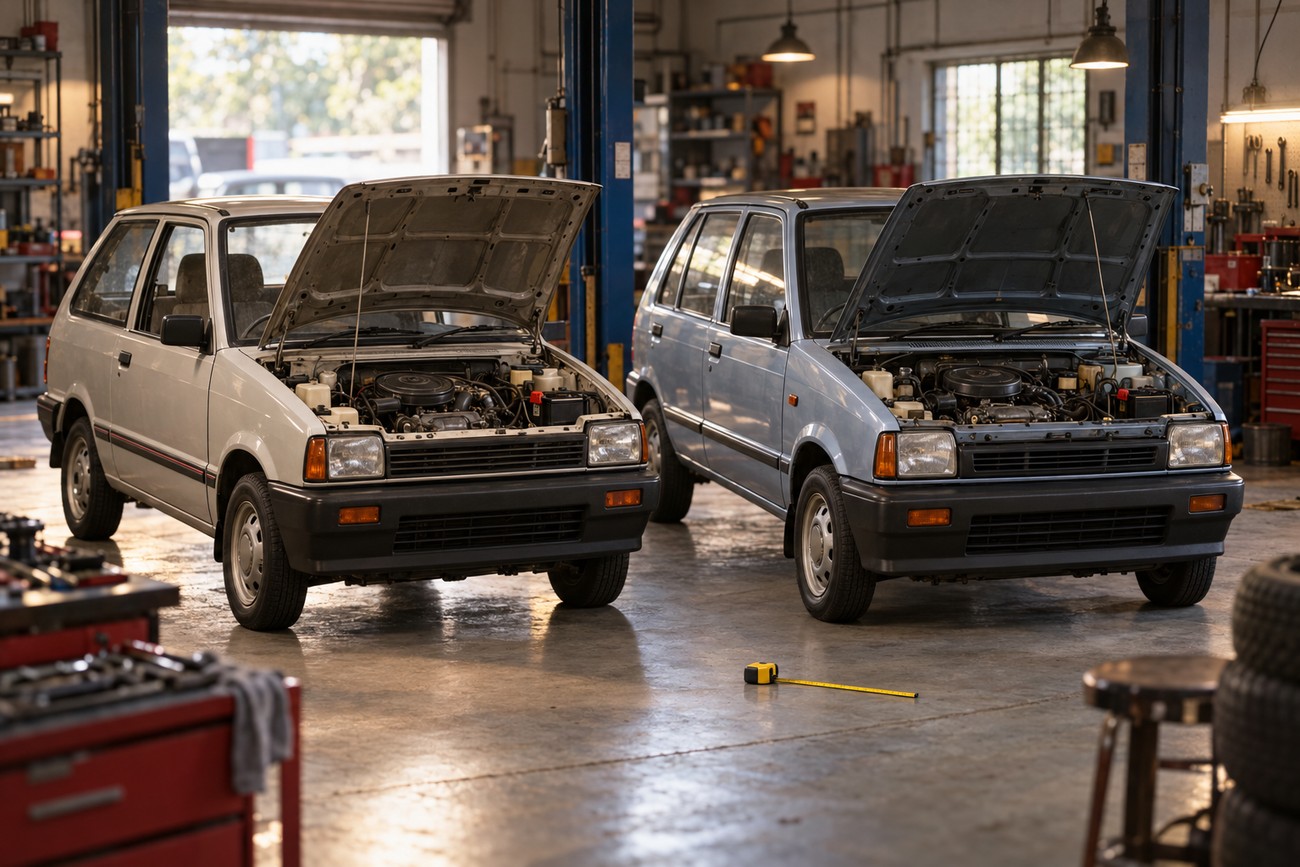 Two Maruti 800 cars with open hoods parked inside a professional auto repair garage