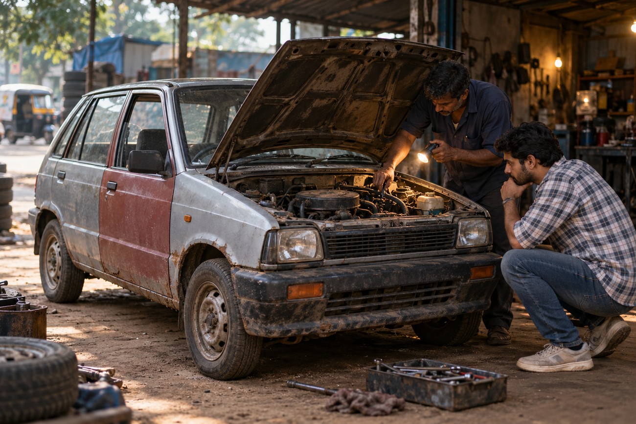 Mechanic holding a flashlight and inspecting the engine of a Maruti 800 car while another man watches closely in a workshop