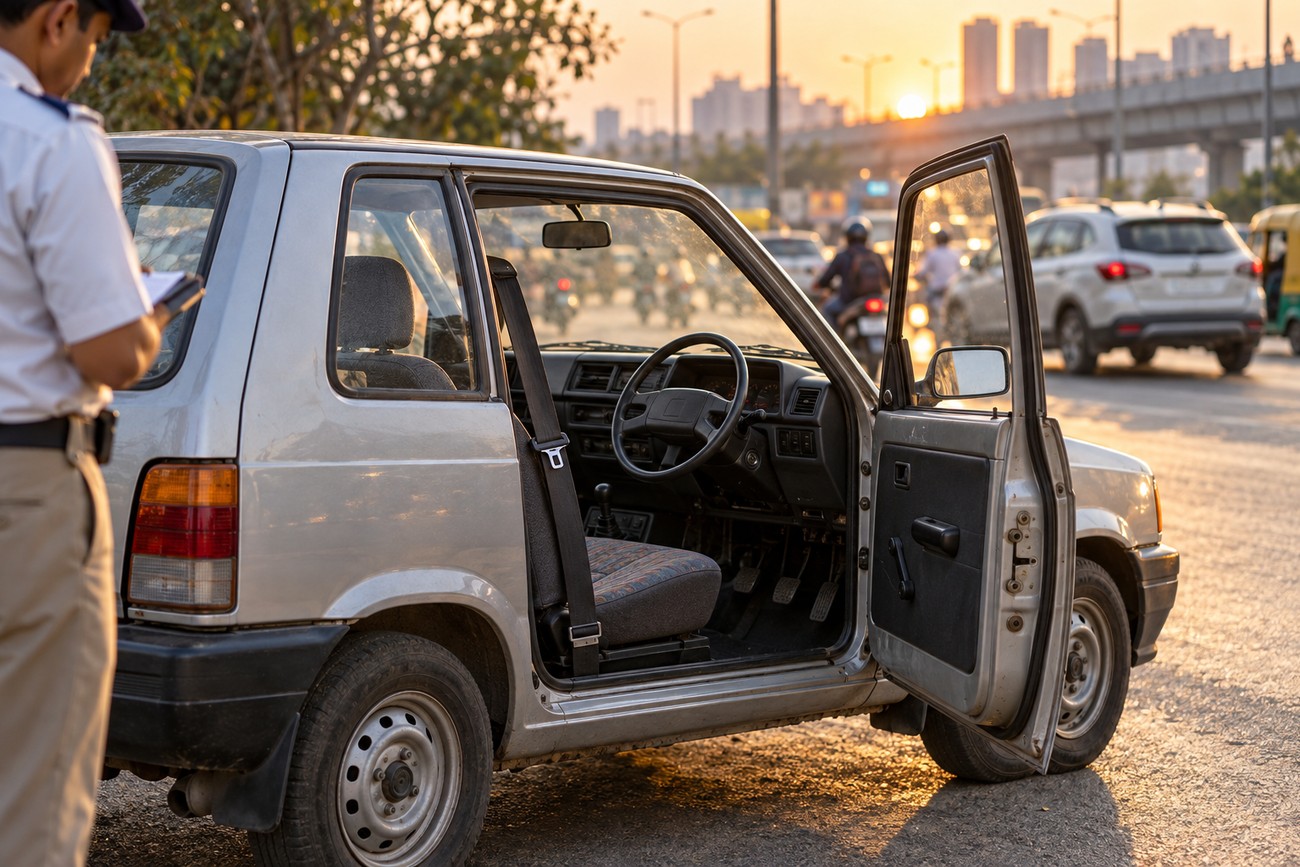 A silver Maruti 800 hatchback parked on a busy city street at sunset with its door open