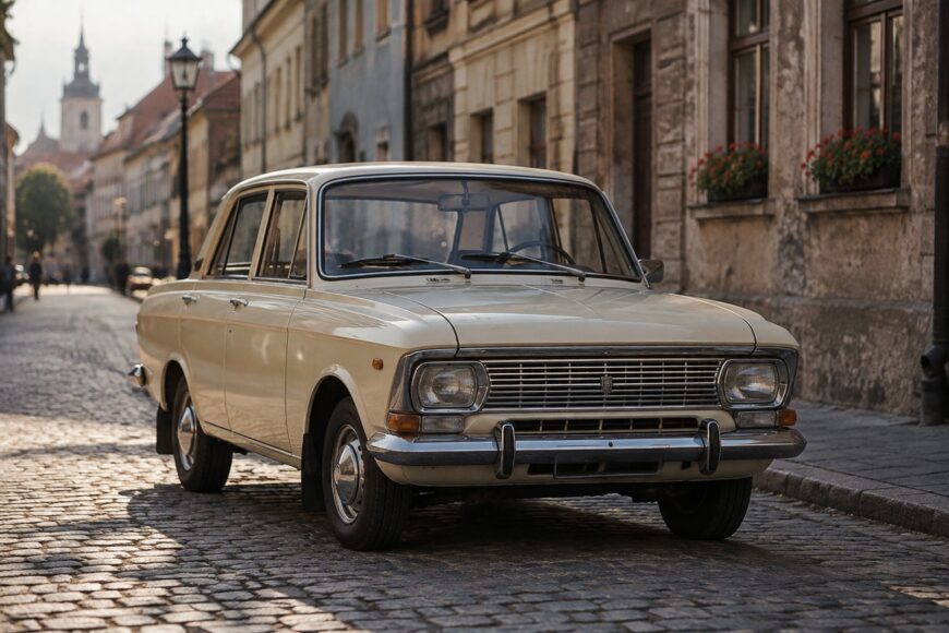 Vintage beige Moskvich 412 sedan parked on a historic cobblestone street lined with old European buildings