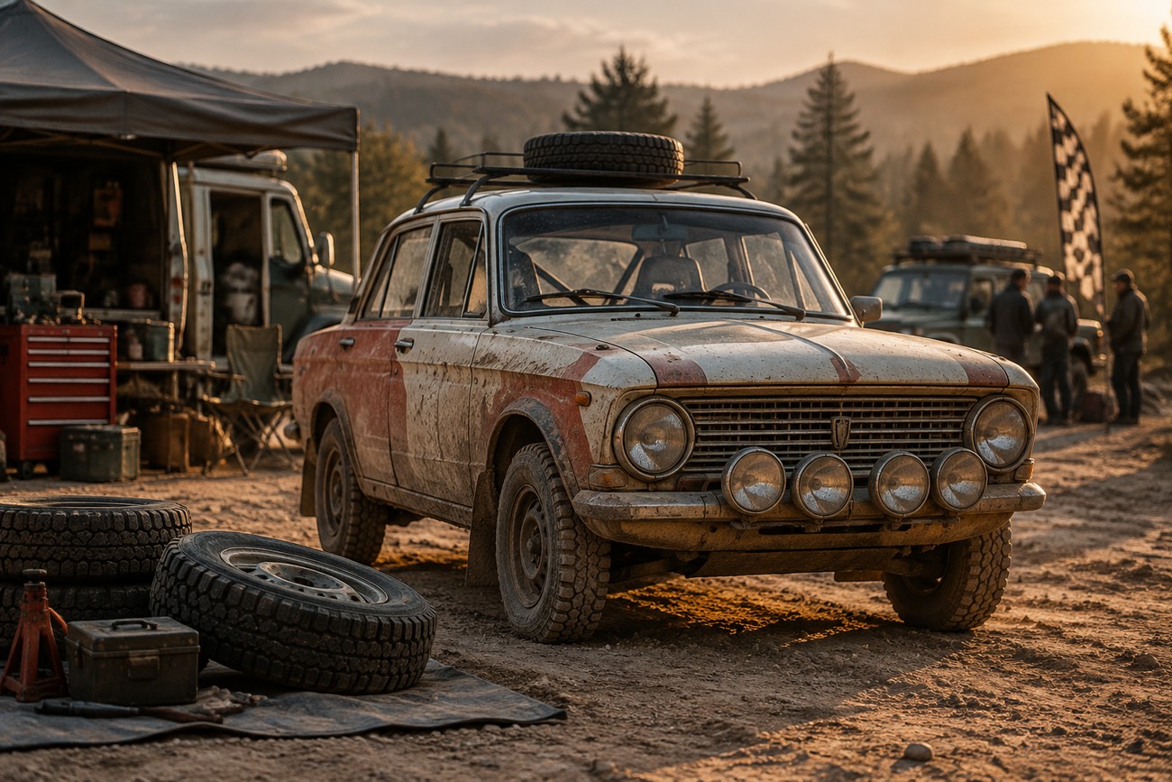 A mud-covered Moskvich 412 rally car with auxiliary lights and spare tires parked in a dusty service area during a race
