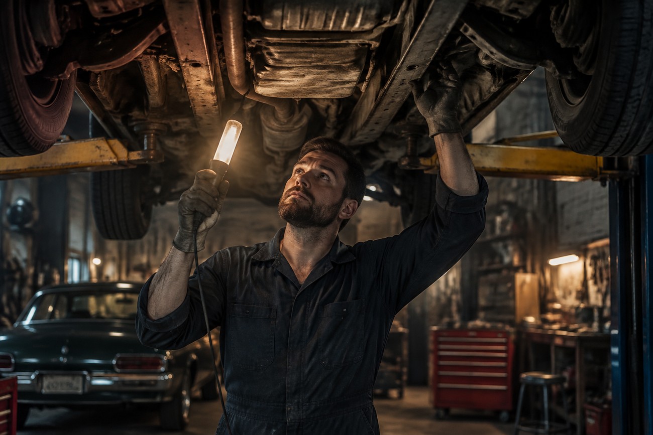 A mechanic in overalls inspects the underside of a classic Moskvich 412 car with a work light in a garage