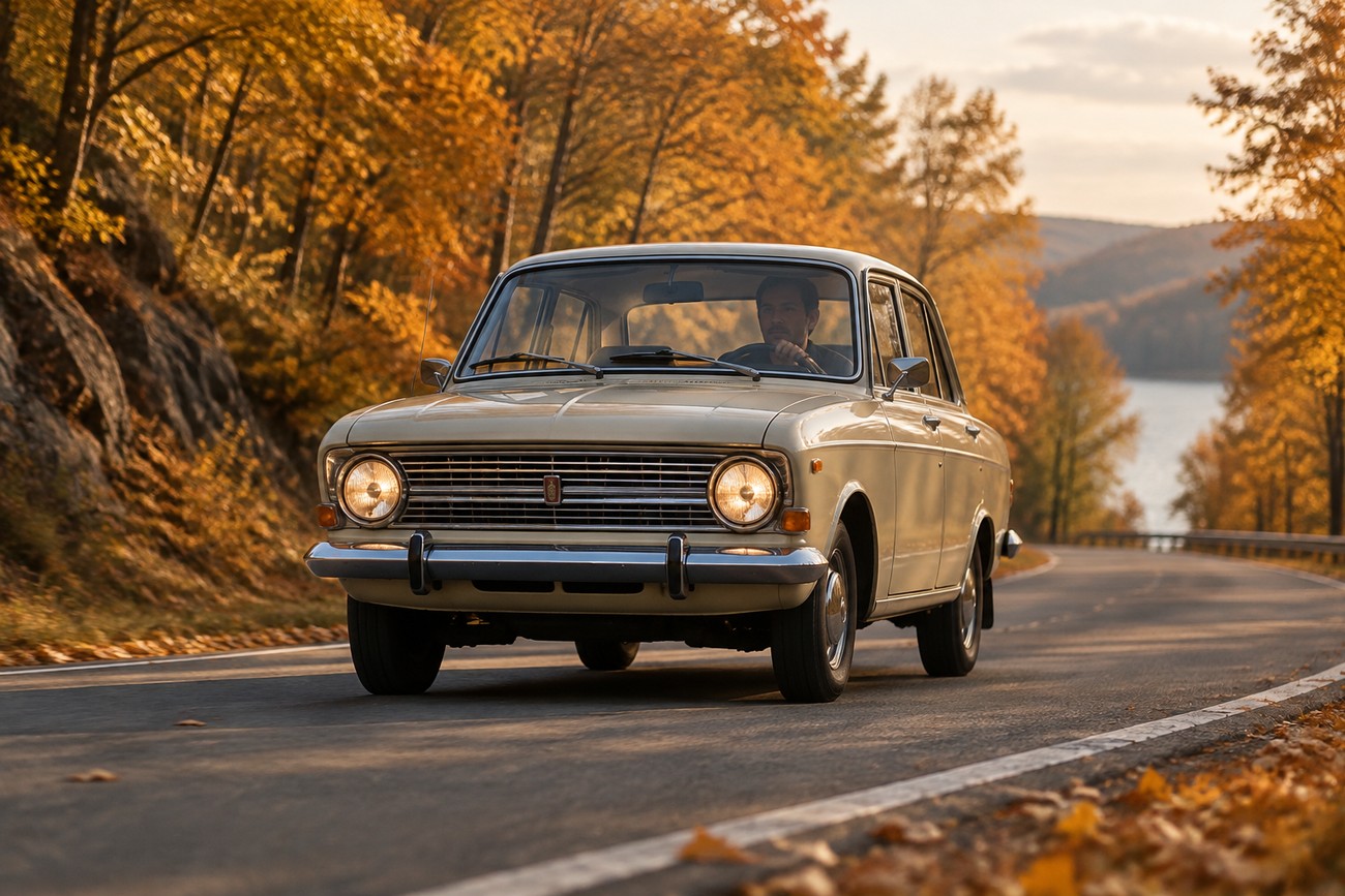 Vintage beige Moskvich 412 sedan driving on a winding asphalt road through an autumn forest