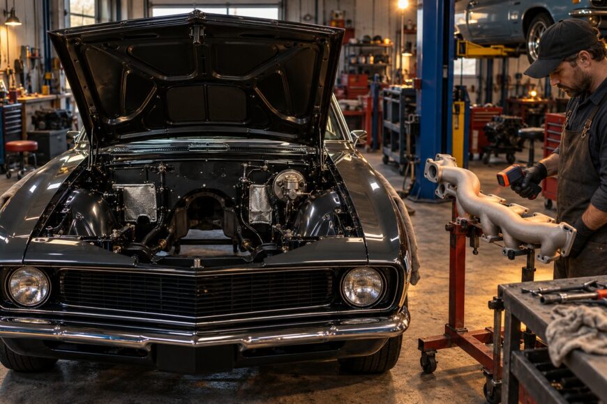 A mechanic inspecting an engine manifold in a classic car restoration shop with an open hood engine bay