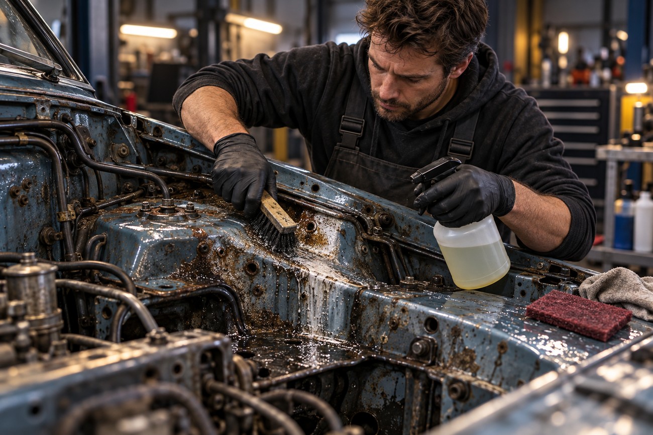 Mechanic wearing black gloves cleaning and scrubbing a rusty car engine bay with a brush and spray bottle in a workshop