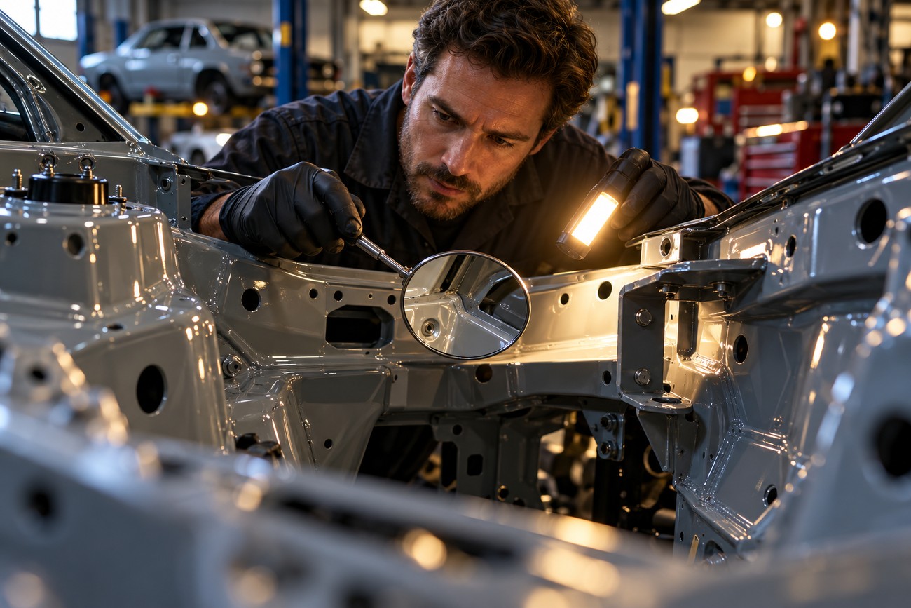Mechanic wearing black gloves inspects a freshly painted grey car engine bay using a flashlight and an inspection mirror