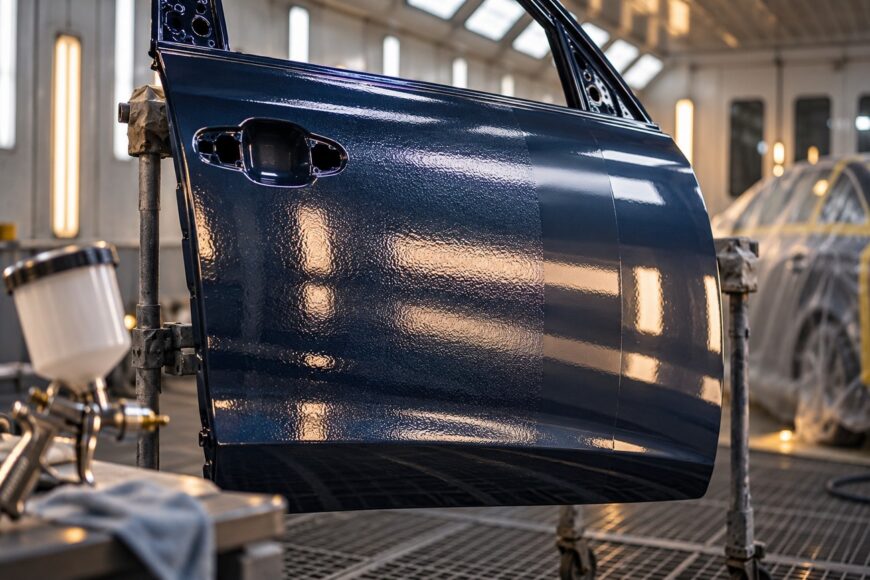 A dark blue car door mounted on a stand in a paint booth showing a textured orange peel defect compared to a smooth surface