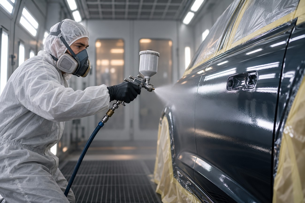 A technician in protective gear uses a spray gun to apply paint to a car in a booth