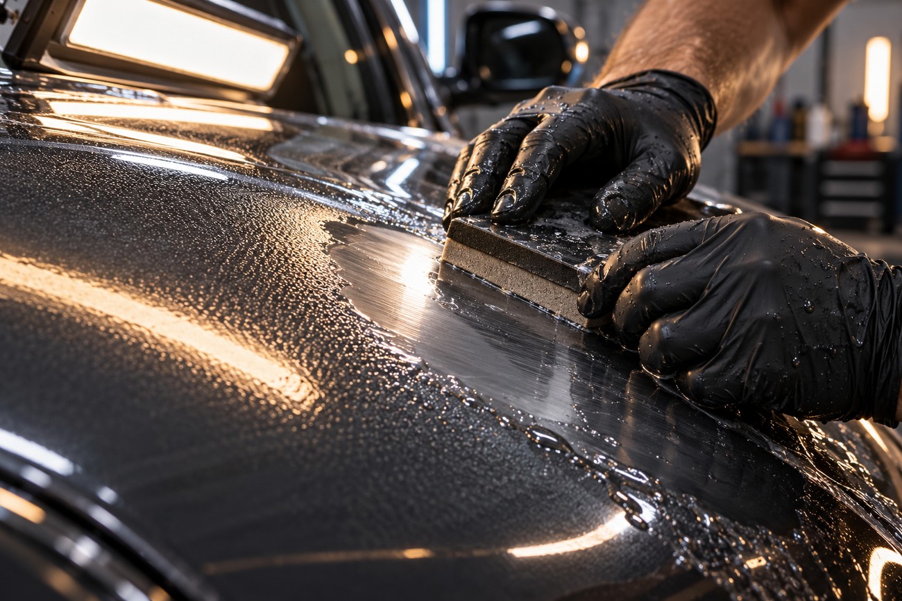 Mechanic in black gloves wet sanding a car hood to fix paint texture