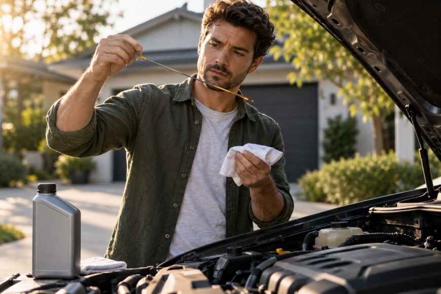 A man in a green shirt checks the engine oil level with a dipstick near a car in a driveway