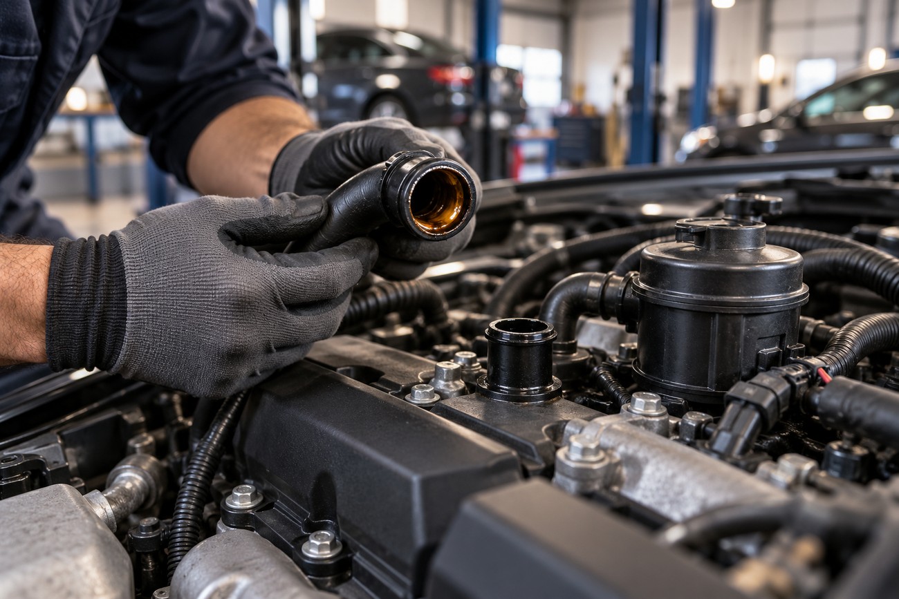 Mechanic in gloves inspecting a dirty engine hose inside a car repair shop