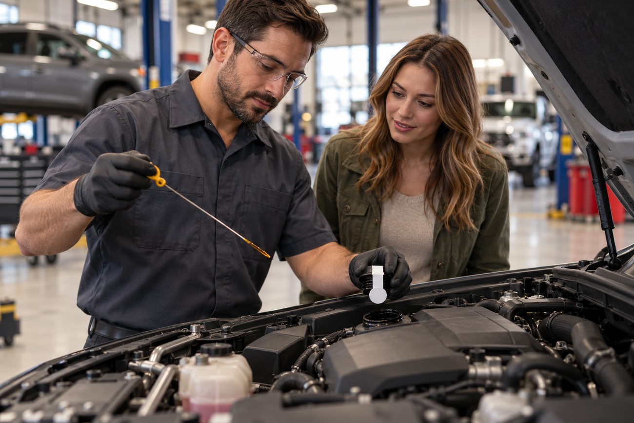 Mechanic holding an engine oil dipstick and showing it to a woman customer at an auto repair shop