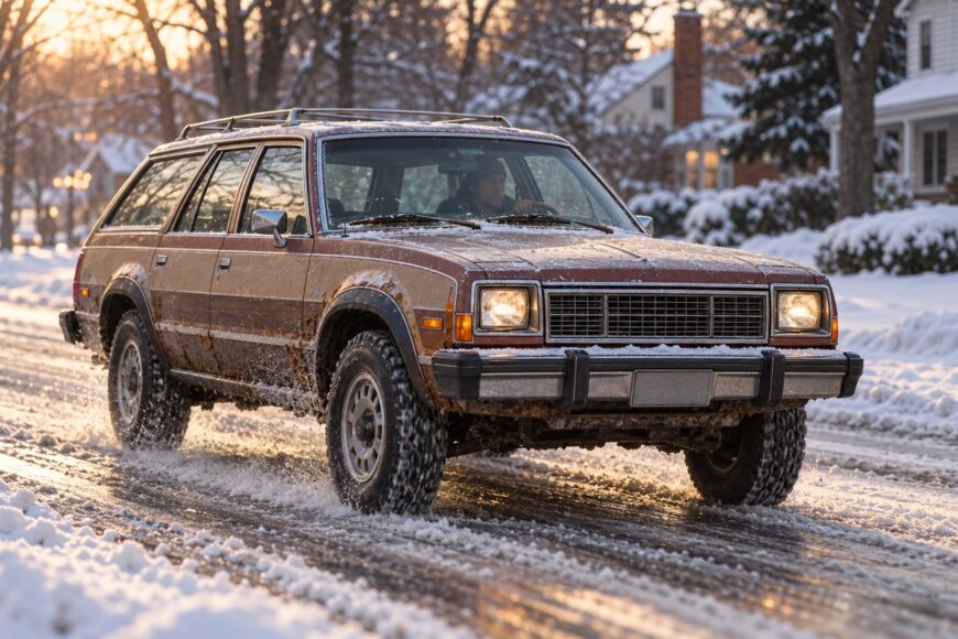 Vintage brown AMC Eagle station wagon driving through a snow-covered suburban street during winter