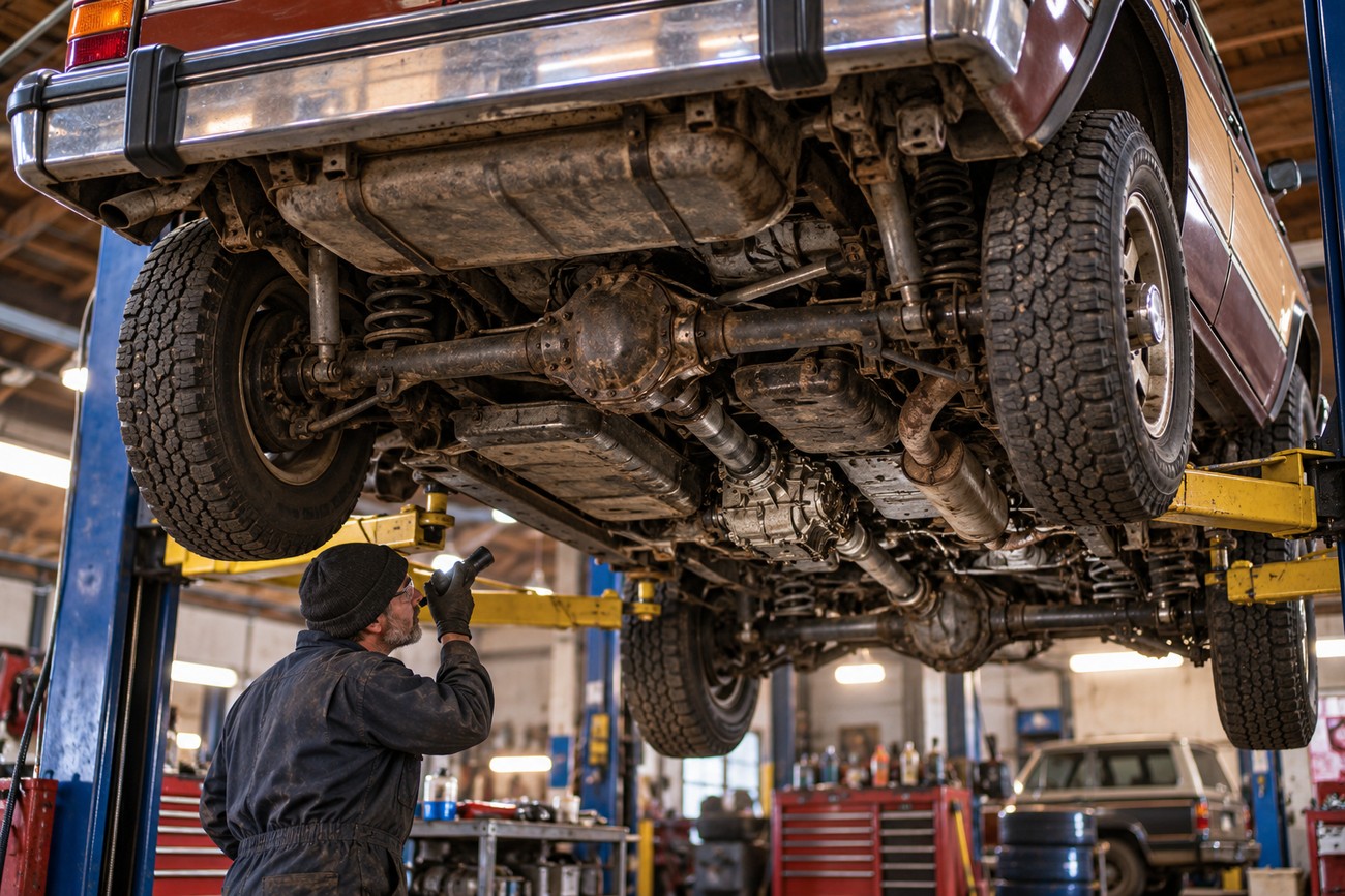 A mechanic using a flashlight to inspect the undercarriage of a classic AMC Eagle on a lift in a repair shop