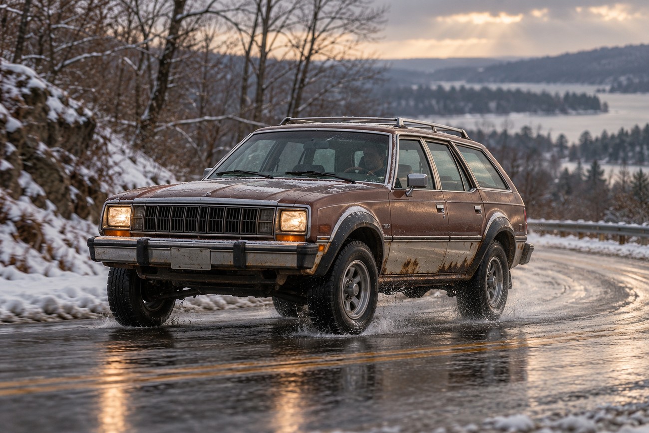 A vintage brown AMC Eagle station wagon driving through slush on a winding winter road with snow-covered hills in the background