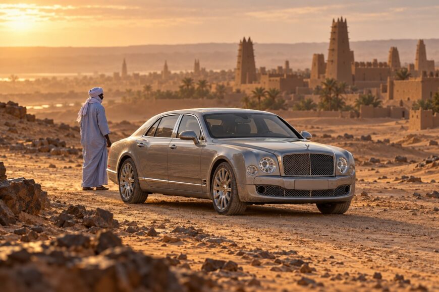 A luxury silver Bentley Mulsanne parked on the desert sand near Timbuktu with a man in traditional robes standing beside it