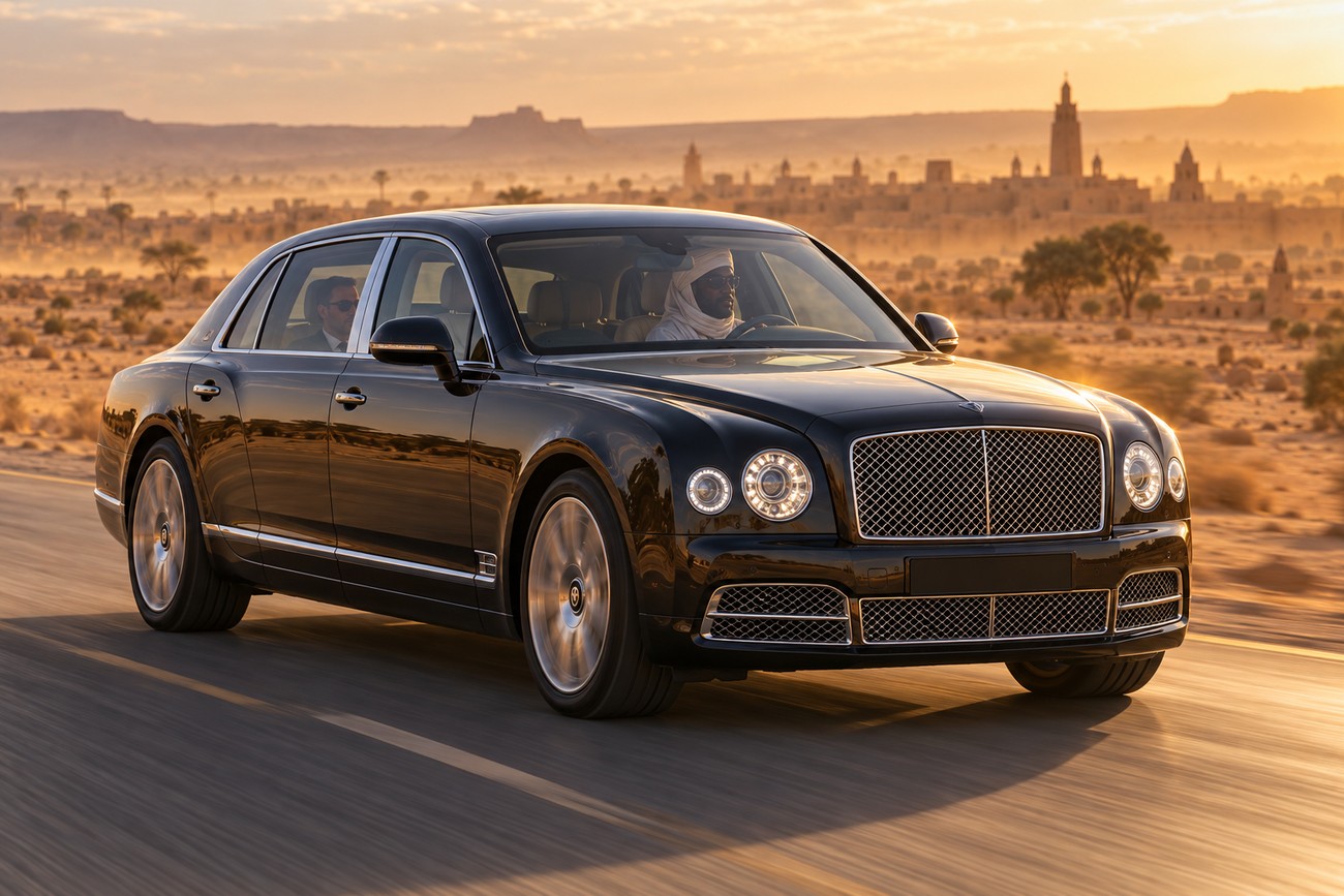 A black luxury Bentley Mulsanne driving on a paved road through the Saharan desert near Timbuktu at sunset