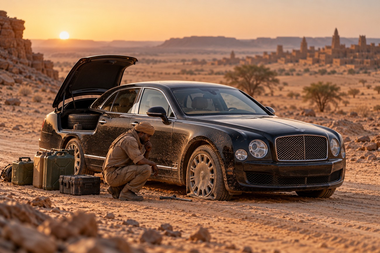A driver inspects a flat tire on a luxury black Bentley Mulsanne taxi parked on Saharan sand near Timbuktu at sunset