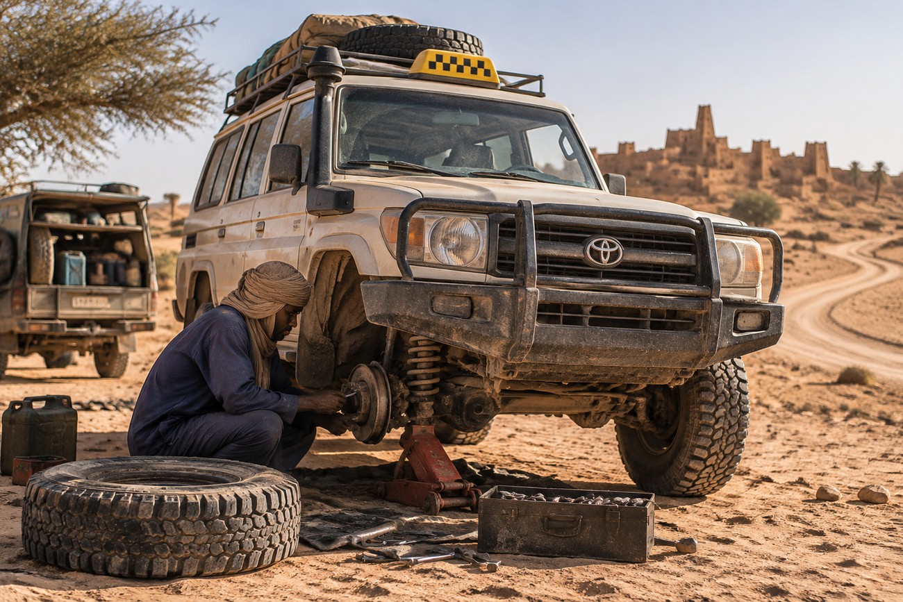 A luxury Bentley Mulsanne taxi being serviced by a local mechanic on the sandy tracks of Timbuktu with ancient mud-brick architecture in the background