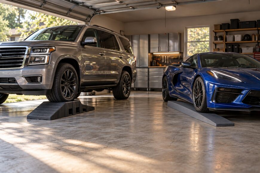 A grey SUV on plastic RhinoRamps and a blue sports car on Race Ramps inside a bright garage