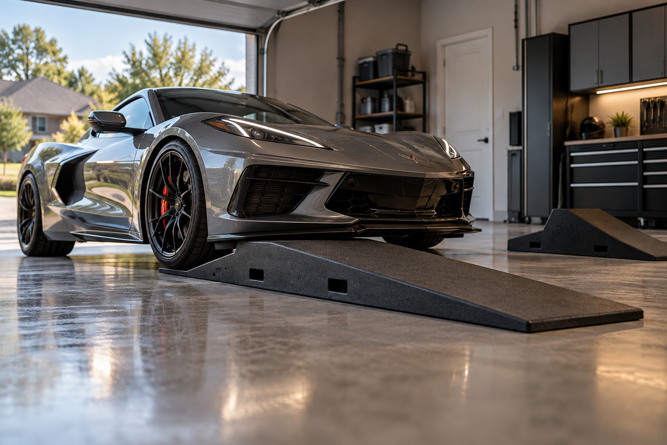 A sleek grey sports car parked on black car ramps inside a bright modern home garage