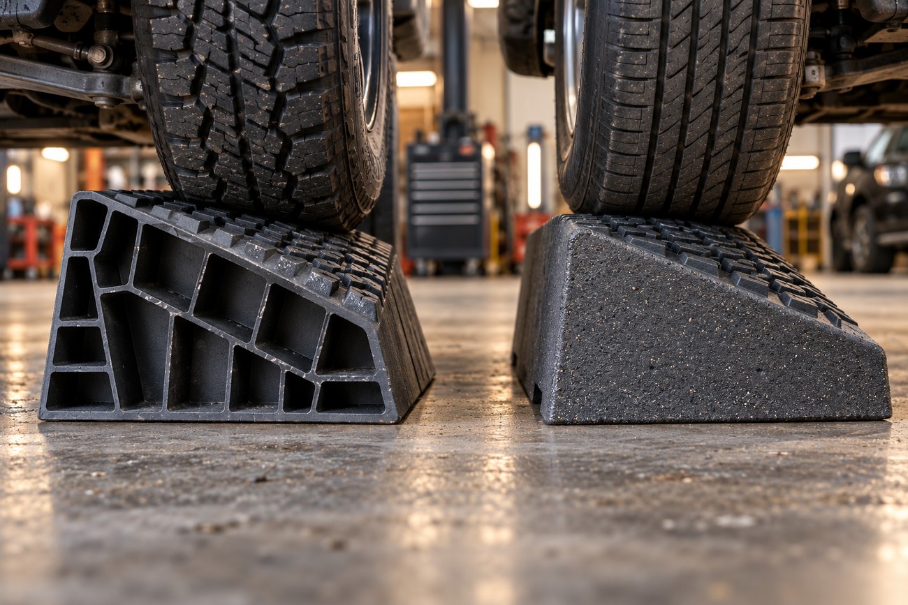 Front tires of a vehicle parked on two different types of black car service ramps in a garage workshop