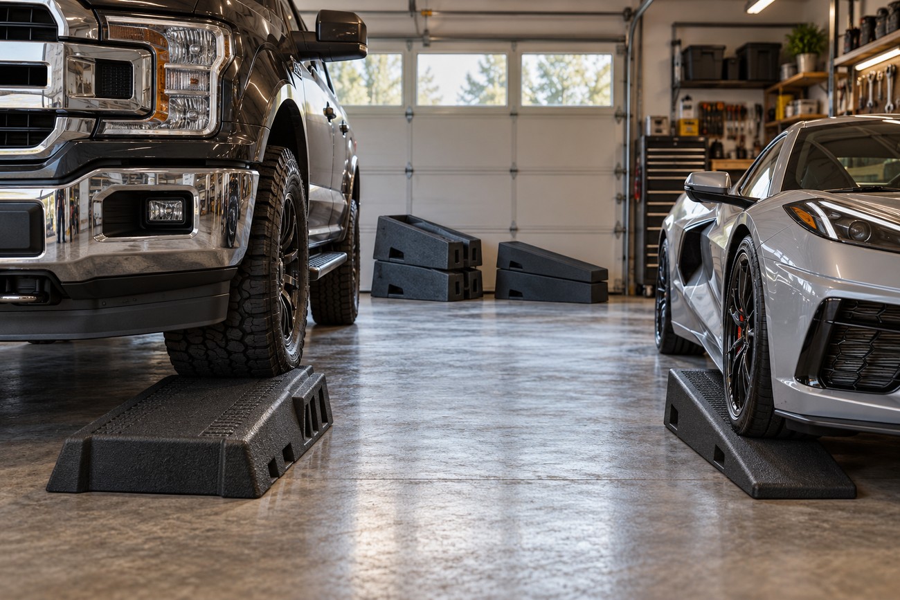 A black truck and a silver sports car parked on plastic and foam car service ramps inside a bright residential garage