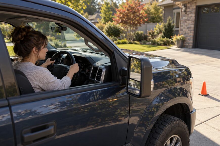 A short woman sitting behind the steering wheel inside the cabin of a dark Ford F-250 truck parked in a driveway