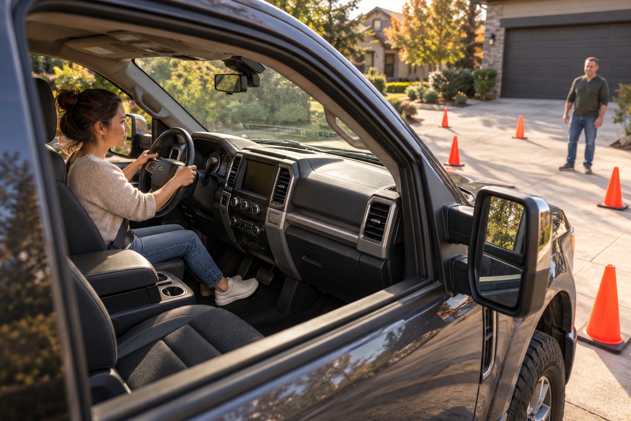A short woman sitting in the driver seat of a Ford F-250 truck while a man stands near traffic cones in the driveway