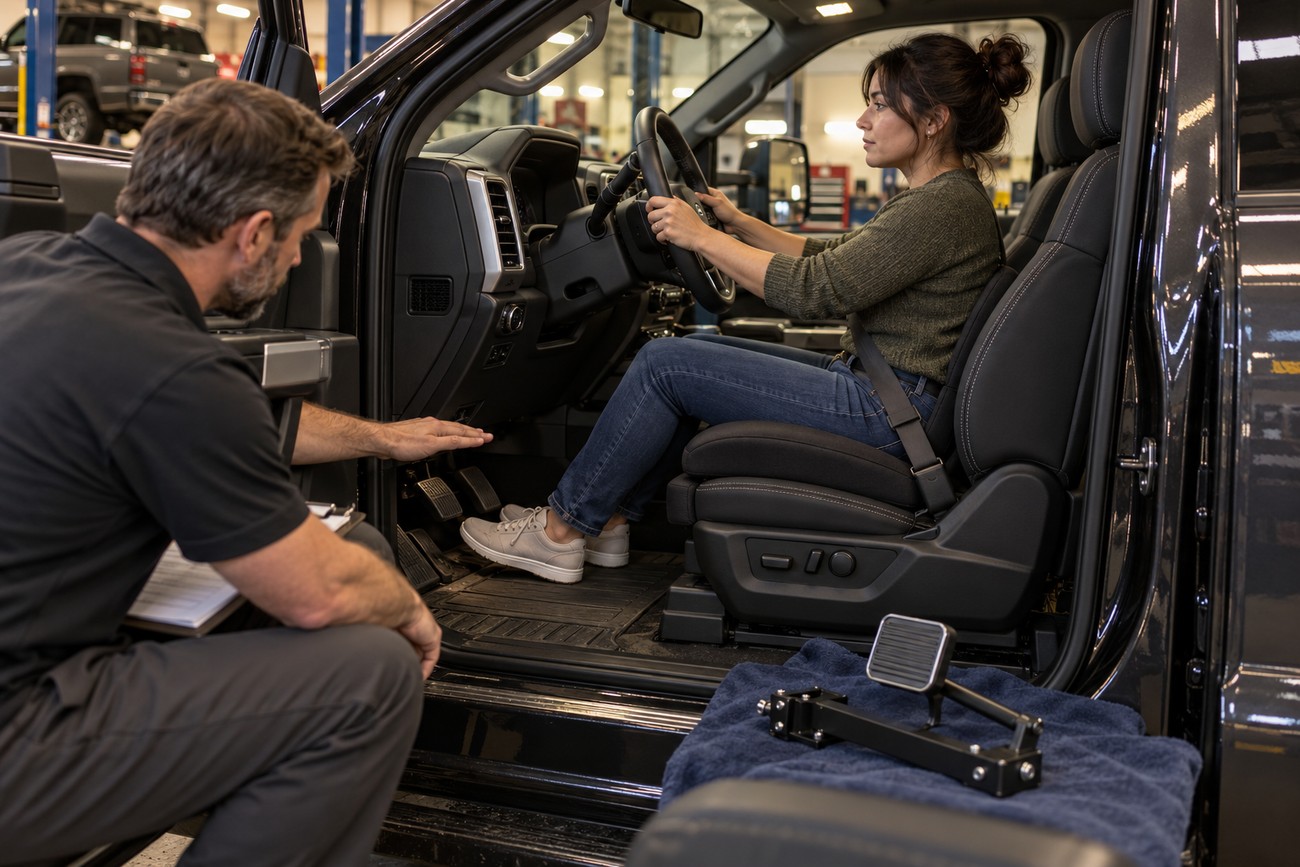 A short woman sitting in the driver seat of a Ford F-250 truck while a specialist looks at her pedal reach