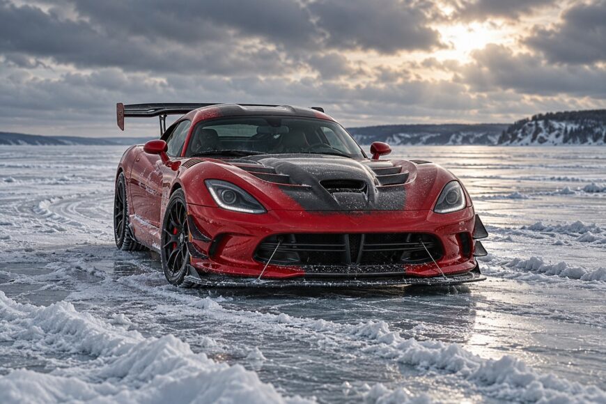 Red Dodge Viper ACR parked on the snowy ice of Lake Superior during a winter afternoon