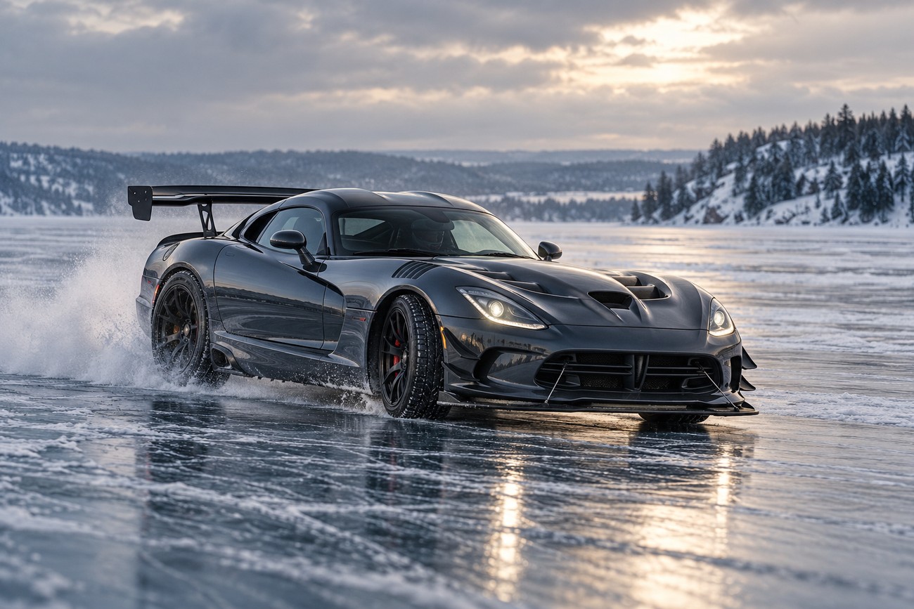 A dark gray Dodge Viper ACR drifts across the icy surface of Lake Superior under a cloudy winter sky