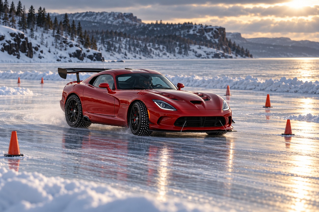 A red Dodge Viper ACR drifting on the icy surface of Lake Superior past orange cones during winter