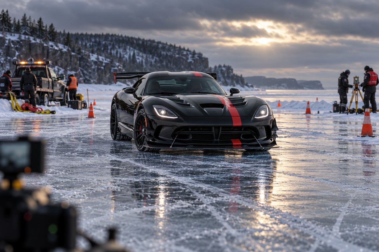 A black Dodge Viper ACR with a red racing stripe parked on the icy surface of frozen Lake Superior with snowy shores in the background