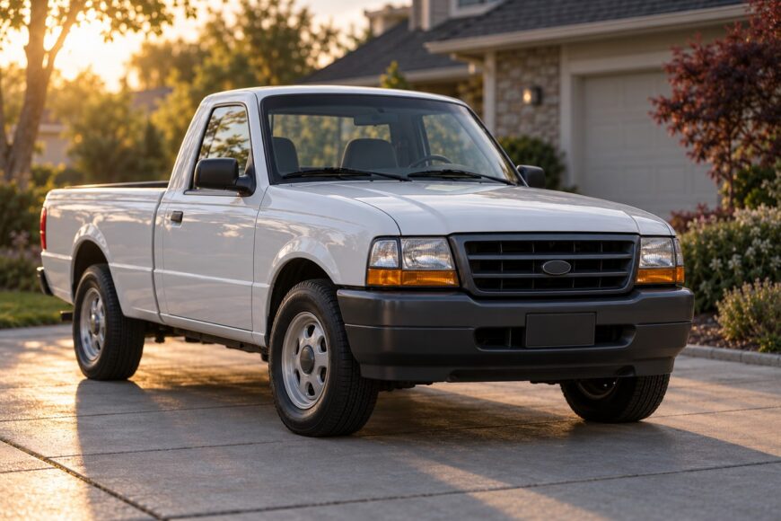 A white 1998 Ford Ranger EV electric pickup truck parked on a suburban driveway at sunset
