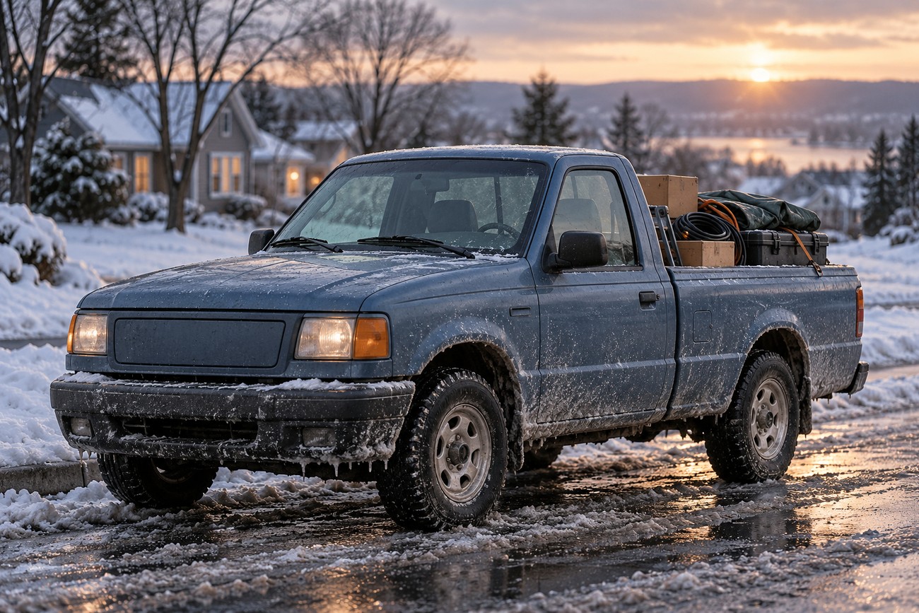 A blue Ford Ranger EV electric pickup truck parked on a slushy snow-covered residential street at sunset