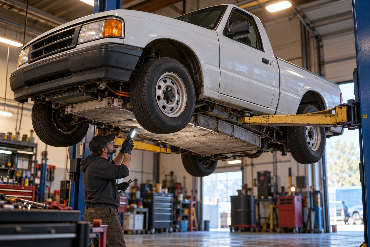 A mechanic uses a flashlight to inspect the battery pack underbody of a white Ford Ranger EV lifted on a hydraulic hoist in a service garage