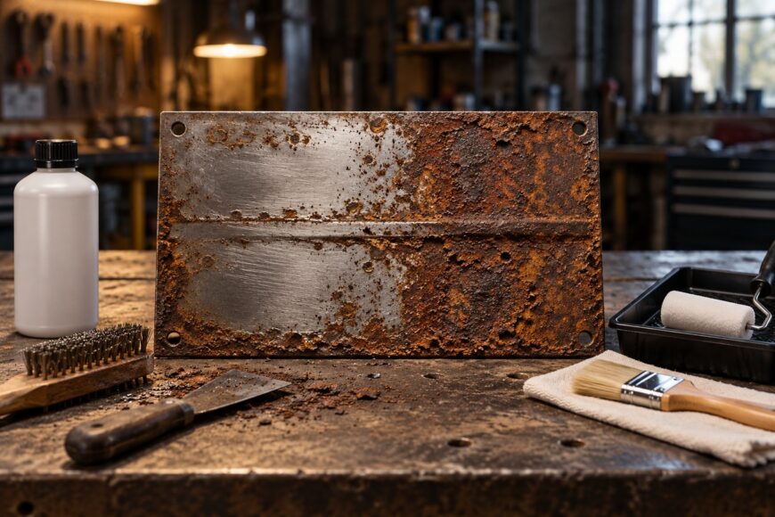 A heavily rusted metal plate stands on a workbench surrounded by a bottle of rust converter, wire brush, scraper, and paint roller