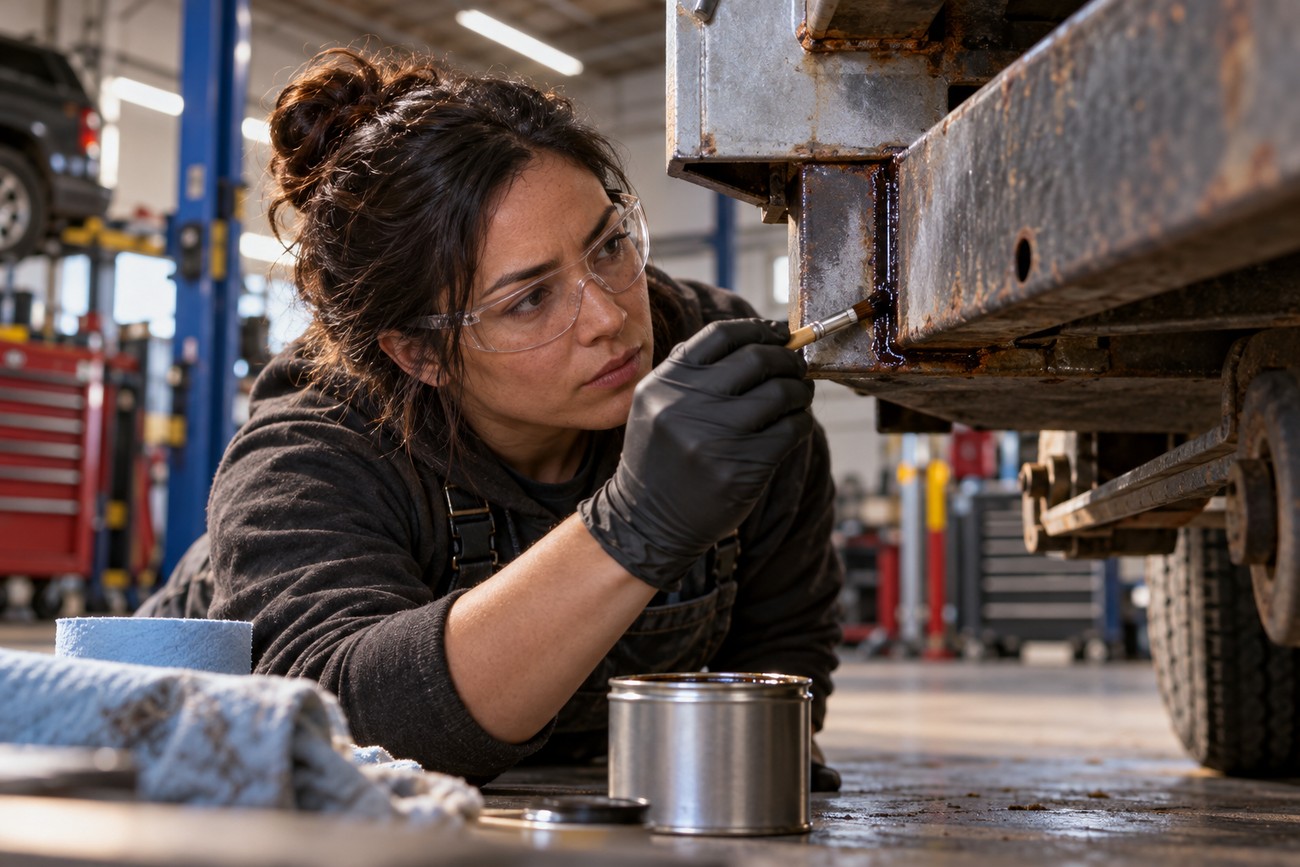 Female mechanic wearing safety glasses and black gloves applying rust converter with a brush to a rusty vehicle frame in an auto repair shop