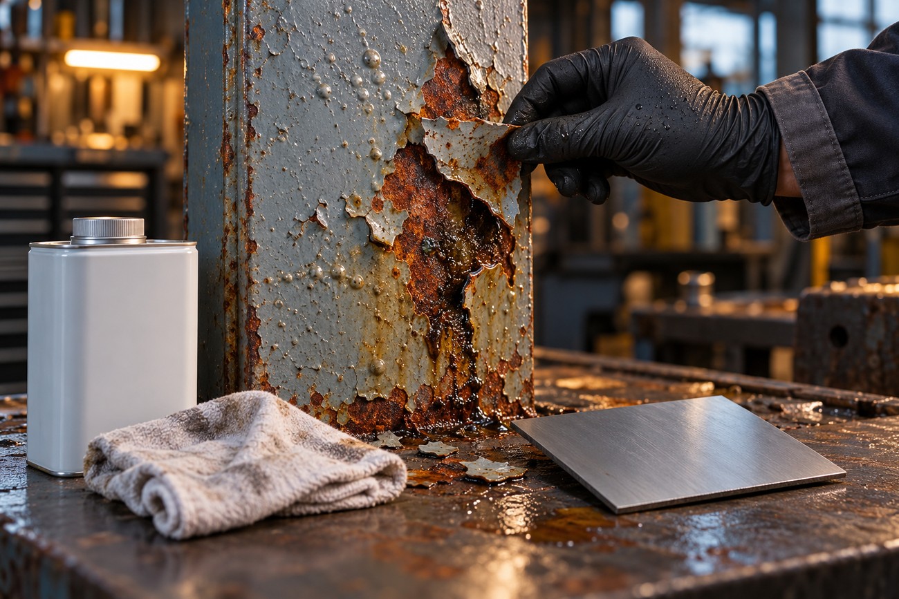 A person wearing black gloves peeling layers from a heavily rusted metal structure next to a rust converter container and a rag in a workshop