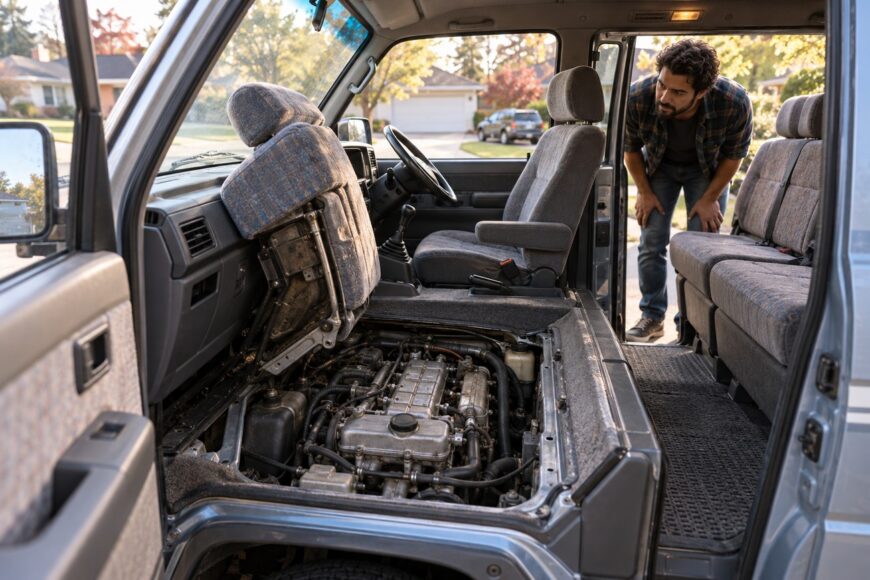 A man in a plaid shirt looks into the open mid-engine compartment of a Toyota HiAce Super Custom van