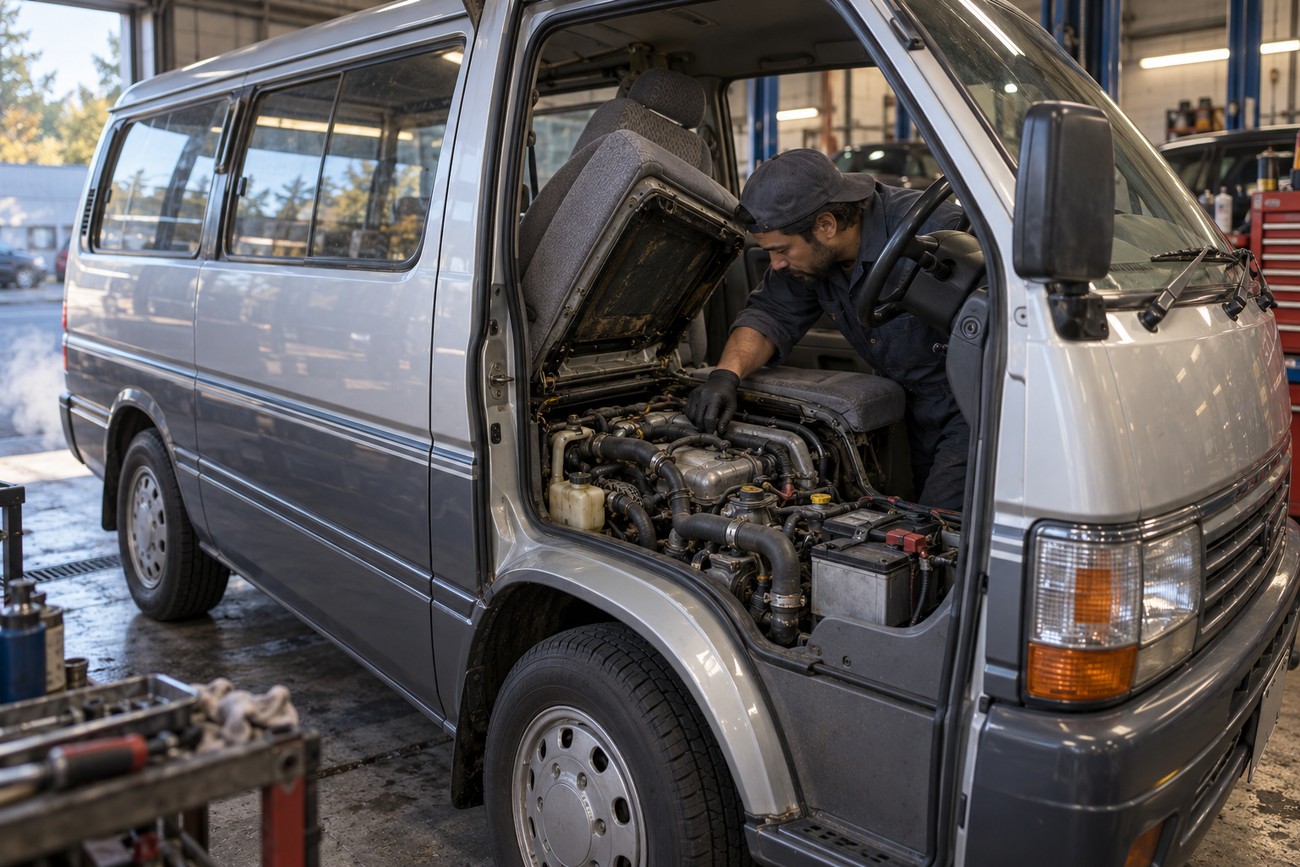 A mechanic in a garage inspecting the open engine bay of a silver Toyota HiAce Super Custom van