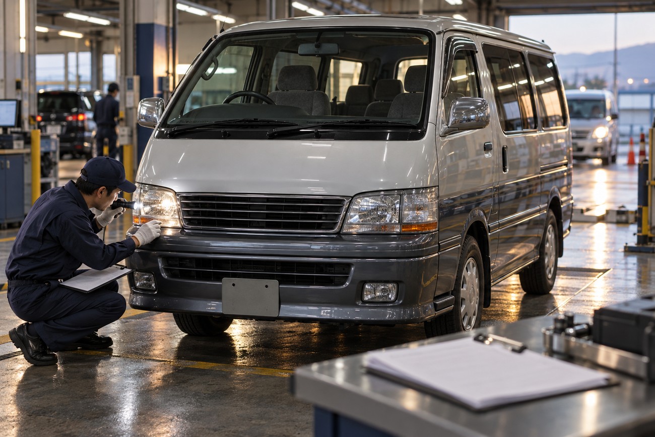 A mechanic in uniform checks the front headlight of a silver Toyota HiAce Super Custom van in a service workshop